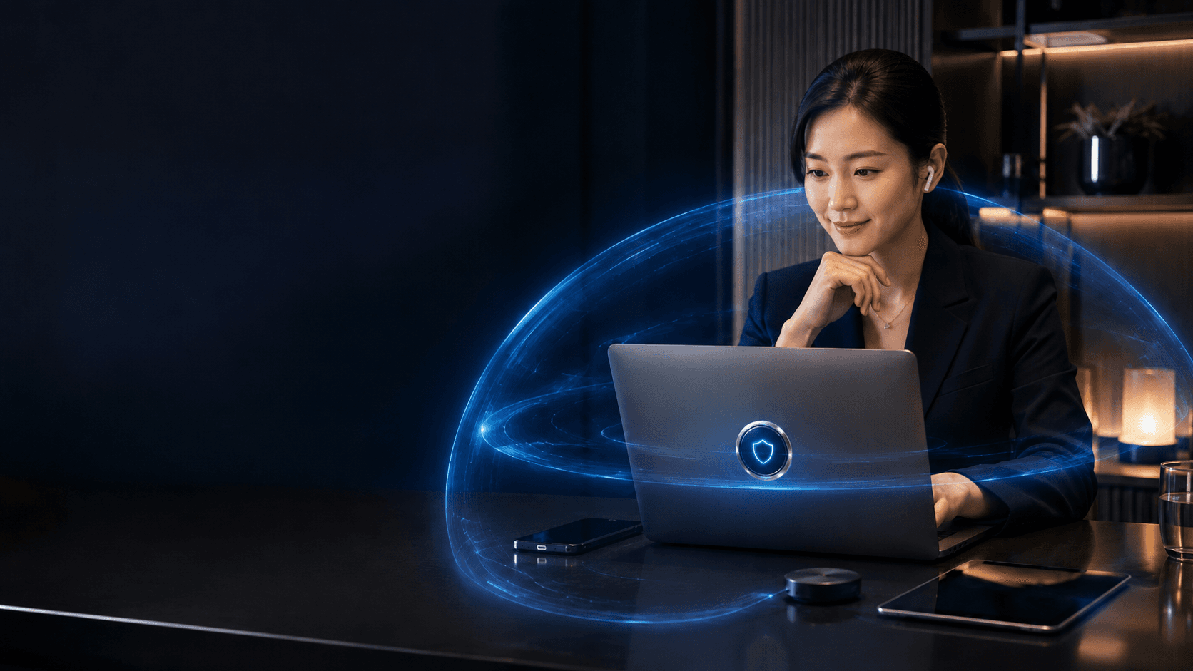 NOTEKI — woman at laptop with Noteki Core EMF protection device