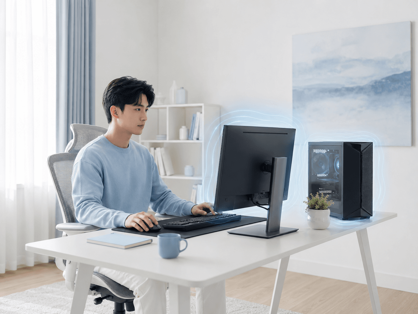 Người đàn ông làm việc tại bàn với màn hình desktop hoạt động liên tục