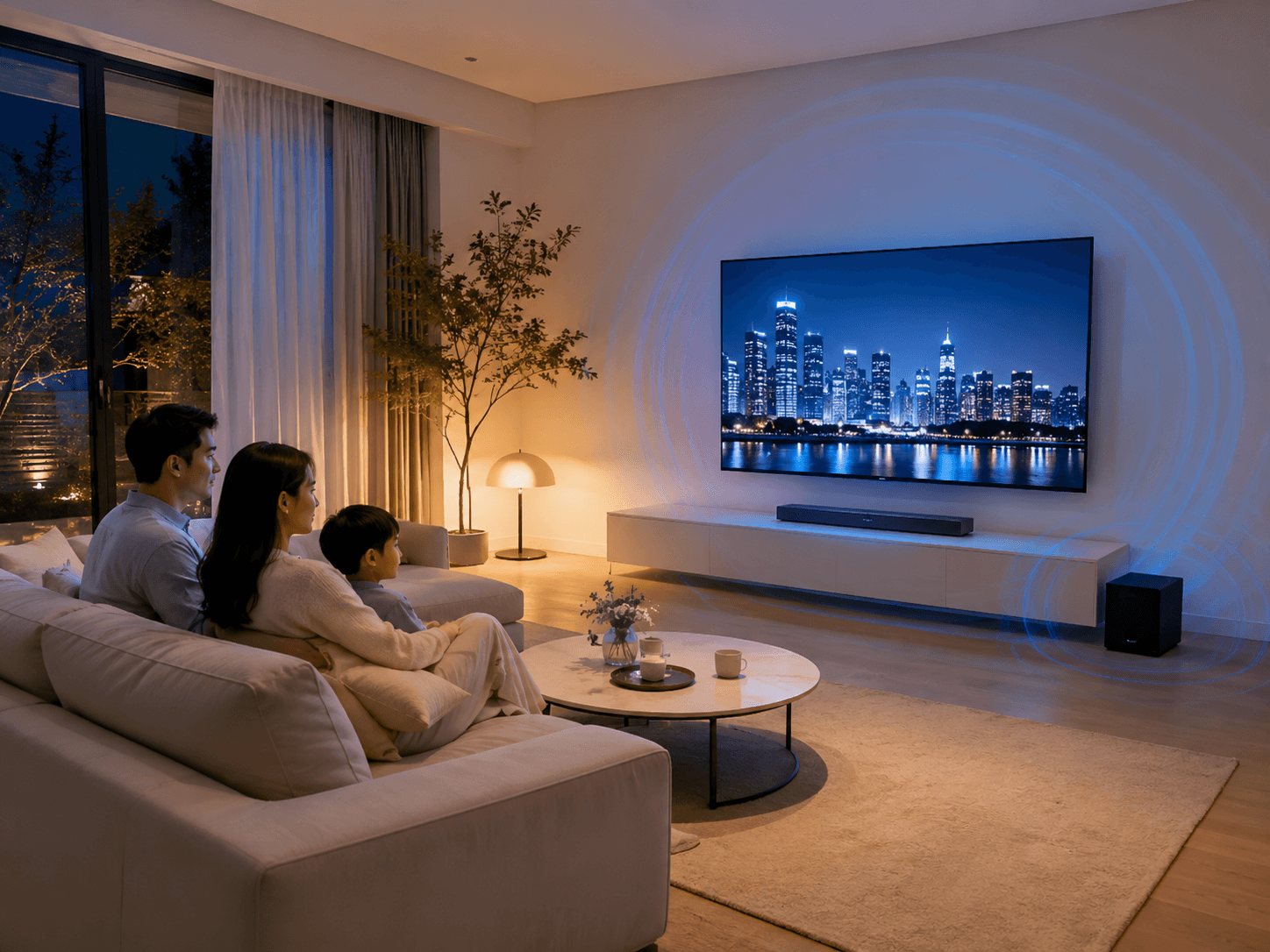 Gia đình quây quần xem TV trong phòng khách