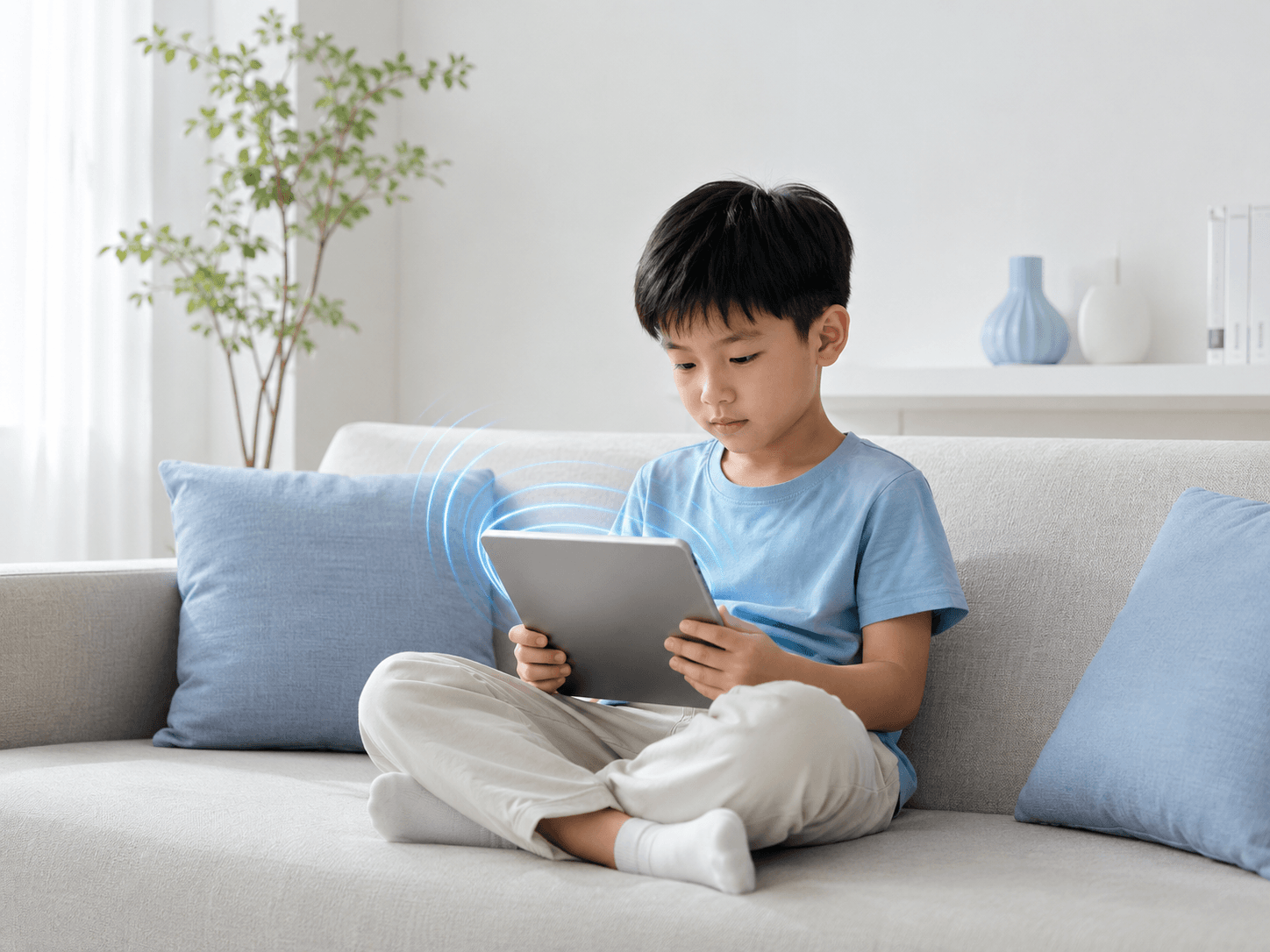 Bé trai ngồi trên sofa sử dụng máy tính bảng để học tập và giải trí